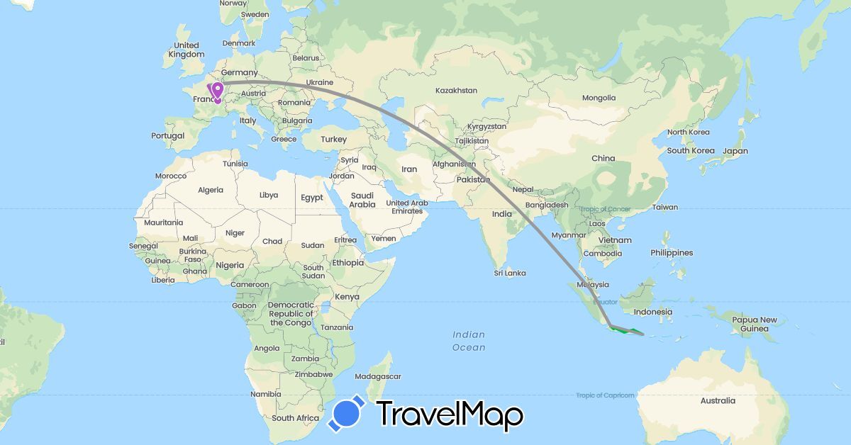 TravelMap itinerary: bus, plane, train in France, Indonesia, Malaysia (Asia, Europe)